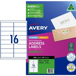 Avery Premium Address Labels White Laser Inkjet AveryEco L7162 99.1 x 34mm 16UP 800 Lab
