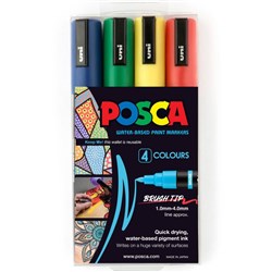 Uni Posca PC-5BR Paint Markers Medium 1-4mm Brush Tip Assorted Pack Of 4