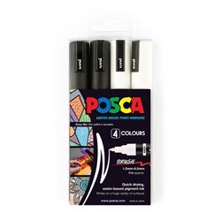 Uni Posca PC-5BR Paint Markers Medium 1-4mm Brush Tip Black And White Pack Of 4