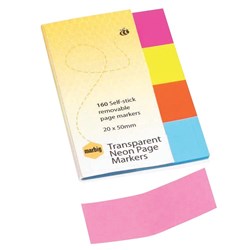 Marbig Page Markers 20 x 50mm Translucent Neon 40 Sheet Pads Pack Of 4