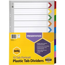 Marbig Plastic Indices & Dividers A3 Reinforced 10 Tab Portrait Multi Colour