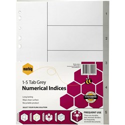 Marbig Plastic Indices & Dividers Tabs A4 1-5 Grey