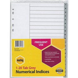 Marbig Plastic Indices & Dividers A4 1-20 Grey