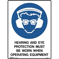 Brady Mandatory Sign Hearing And Eye Protection 450W x 600mmH Metal White/Blue